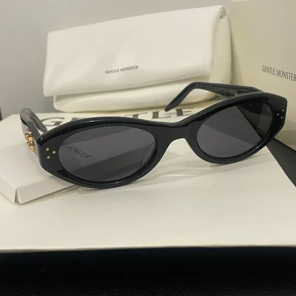 Gentle Monster Black Oval Sunglasses w/ Gold Logo Detail – Like New - Picture 6 of 11